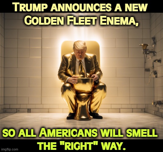 Trump announces a new 
Golden Fleet Enema, so all Americans will smell 
the "right" way. | image tagged in trump,navy,golden,fleet,enema | made w/ Imgflip meme maker
