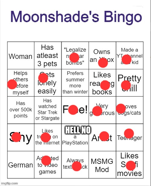 Xbox until I die | HELL NO | image tagged in moonshade's bingo | made w/ Imgflip meme maker