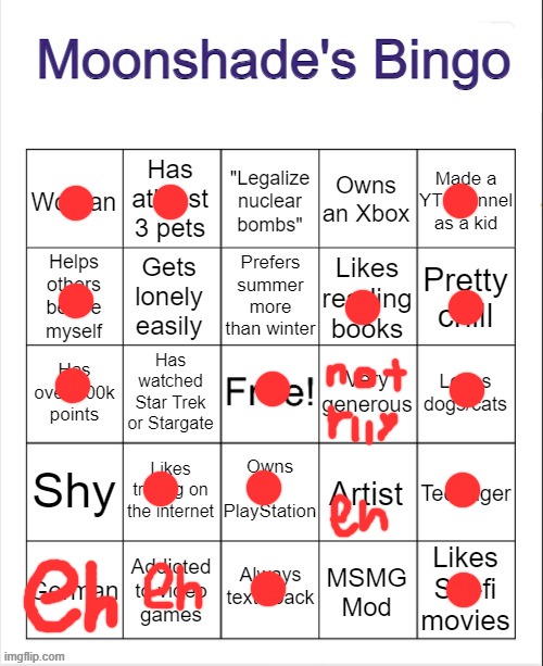 Moonshade's Bingo | image tagged in moonshade's bingo | made w/ Imgflip meme maker