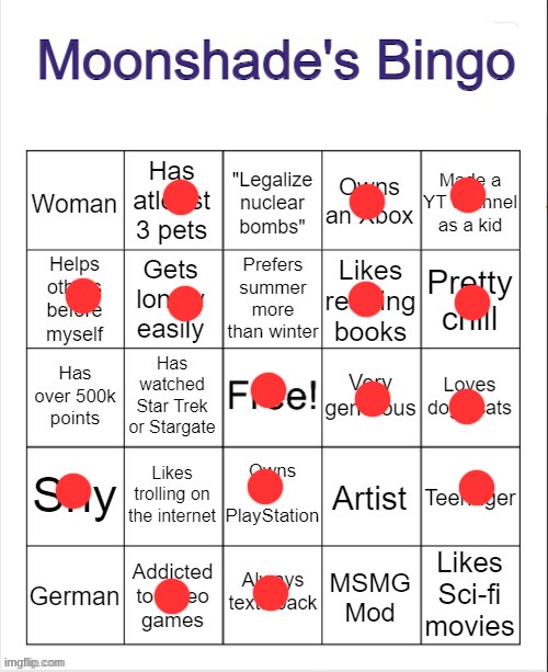 Moonshade's Bingo | image tagged in moonshade's bingo | made w/ Imgflip meme maker