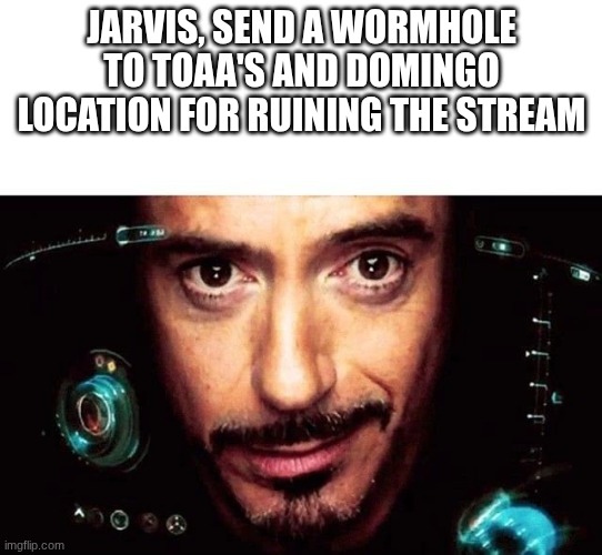 add a job to that too (too bad) | JARVIS, SEND A WORMHOLE TO TOAA'S AND DOMINGO LOCATION FOR RUINING THE STREAM | image tagged in jarvis template | made w/ Imgflip meme maker