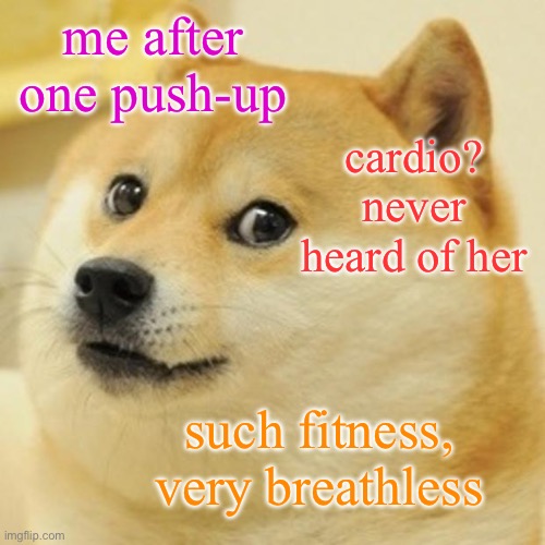cardio? never heard of her | me after one push-up; cardio? never heard of her; such fitness, very breathless | image tagged in memes,doge,fitness is my passion,fitness,breath,i do one push-up | made w/ Imgflip meme maker