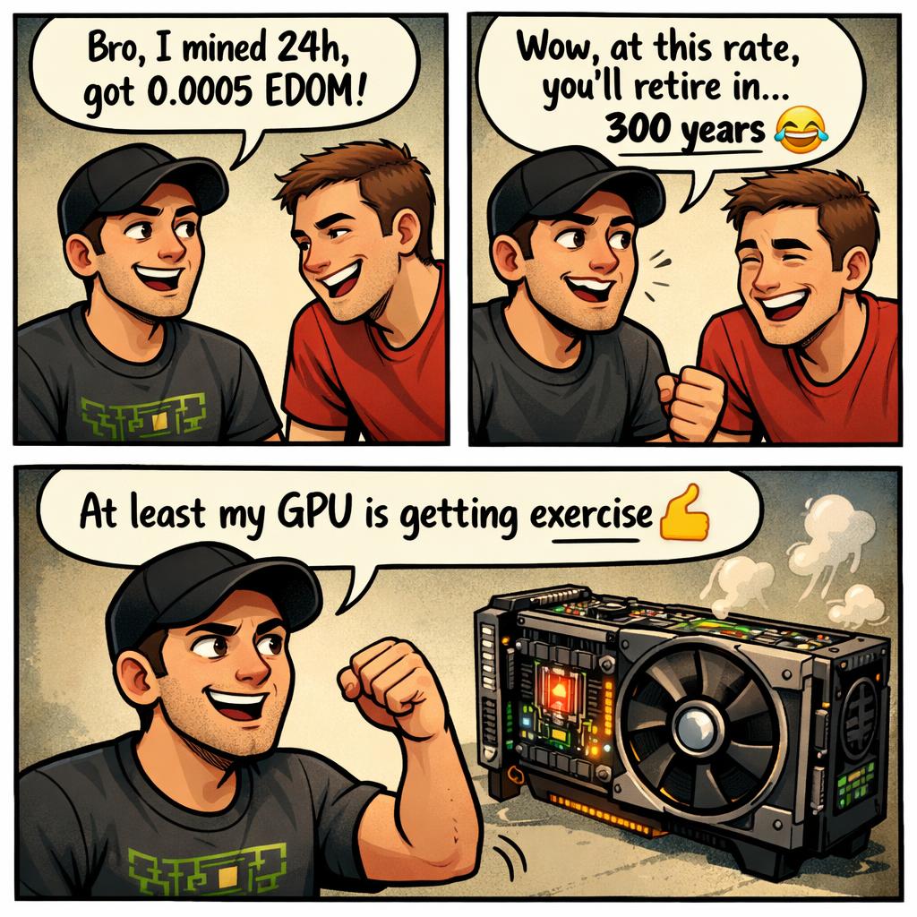 Person A: “Bro, I mined 24h, got 0.0005 EDOM!” Person B: “Wow, a Blank Meme Template