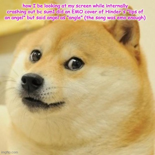 Doge Meme | how I be looking at my screen while internally crashing out bc sum1 did an EMO cover of Hinder's "lips of an angel" but said angel as "angle" (the song was emo enough) | image tagged in memes,doge | made w/ Imgflip meme maker