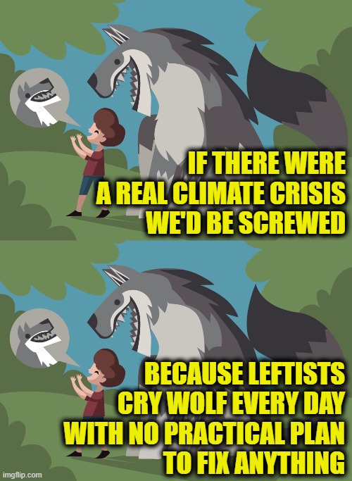 More Leftist Logic | IF THERE WERE
 A REAL CLIMATE CRISIS
WE'D BE SCREWED; BECAUSE LEFTISTS
CRY WOLF EVERY DAY
WITH NO PRACTICAL PLAN
TO FIX ANYTHING | image tagged in climate | made w/ Imgflip meme maker
