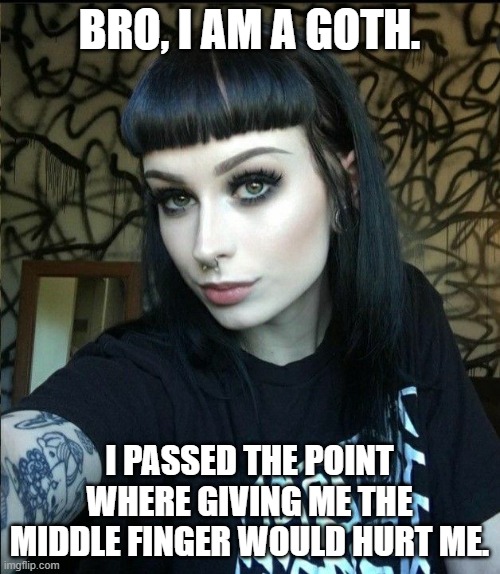hot goth girlfriend | BRO, I AM A GOTH. I PASSED THE POINT WHERE GIVING ME THE MIDDLE FINGER WOULD HURT ME. | image tagged in hot goth girlfriend | made w/ Imgflip meme maker