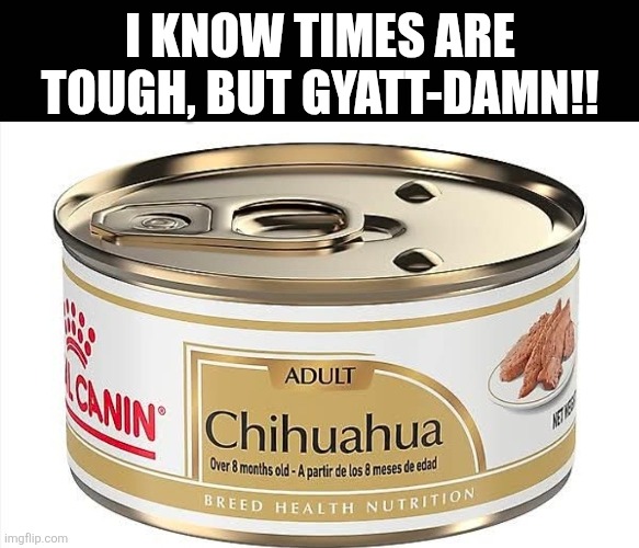 Dogmeet | I KNOW TIMES ARE TOUGH, BUT GYATT-DAMN!! | image tagged in canned chihuahua | made w/ Imgflip meme maker