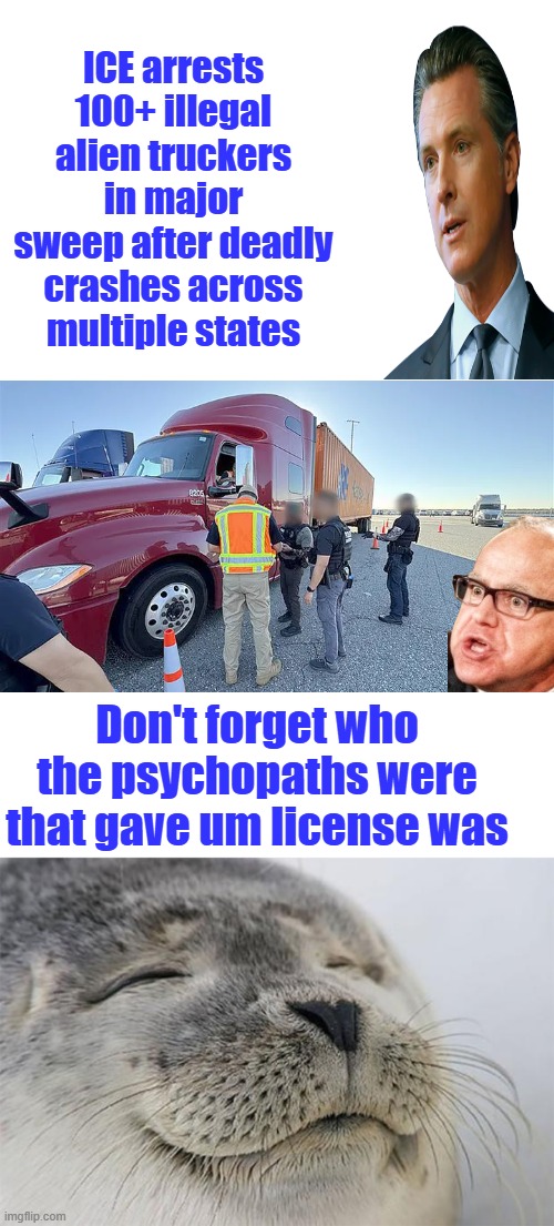 Dems love killing Americans | ICE arrests 100+ illegal alien truckers in major sweep after deadly crashes across multiple states; Don't forget who the psychopaths were that gave um license was | image tagged in memes,satisfied seal | made w/ Imgflip meme maker