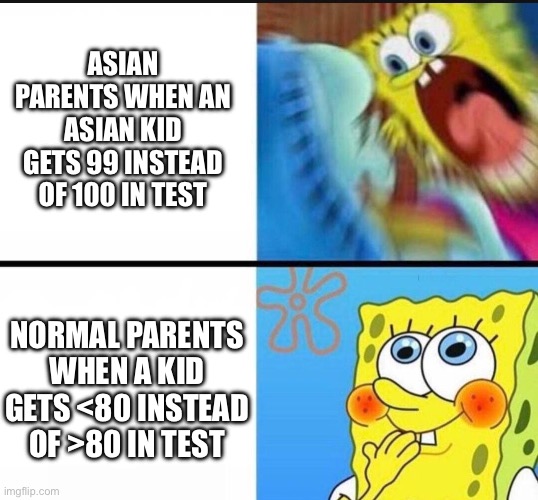 Real | ASIAN PARENTS WHEN AN ASIAN KID GETS 99 INSTEAD OF 100 IN TEST; NORMAL PARENTS WHEN A KID GETS <80 INSTEAD OF >80 IN TEST | image tagged in spongebob yelling | made w/ Imgflip meme maker