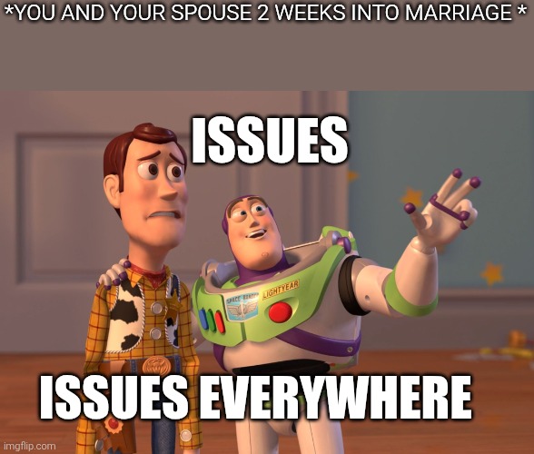 issues | *YOU AND YOUR SPOUSE 2 WEEKS INTO MARRIAGE *; ISSUES; ISSUES EVERYWHERE | image tagged in memes,x x everywhere,marriage,issues | made w/ Imgflip meme maker