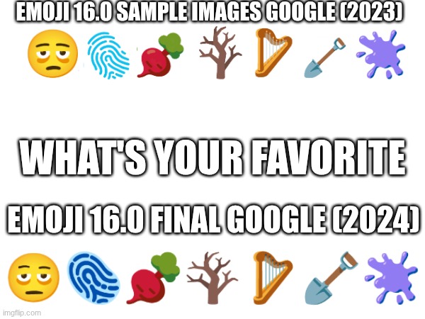 So...? | EMOJI 16.0 SAMPLE IMAGES GOOGLE (2023); WHAT'S YOUR FAVORITE; EMOJI 16.0 FINAL GOOGLE (2024) | image tagged in emoji,emojis,2023,2024 | made w/ Imgflip meme maker