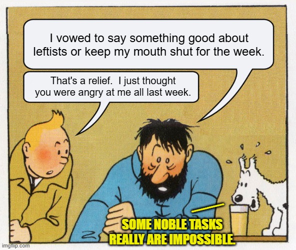 Every one should occasionally challenge themselves to attempt the impossible. | I vowed to say something good about leftists or keep my mouth shut for the week. That's a relief.  I just thought you were angry at me all last week. __; SOME NOBLE TASKS REALLY ARE IMPOSSIBLE. | image tagged in what a week huh | made w/ Imgflip meme maker