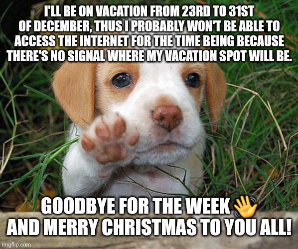dog puppy bye | I'LL BE ON VACATION FROM 23RD TO 31ST OF DECEMBER, THUS I PROBABLY WON'T BE ABLE TO ACCESS THE INTERNET FOR THE TIME BEING BECAUSE THERE'S NO SIGNAL WHERE MY VACATION SPOT WILL BE. GOODBYE FOR THE WEEK 👋
AND MERRY CHRISTMAS TO YOU ALL! | image tagged in dog puppy bye,fresh memes | made w/ Imgflip meme maker