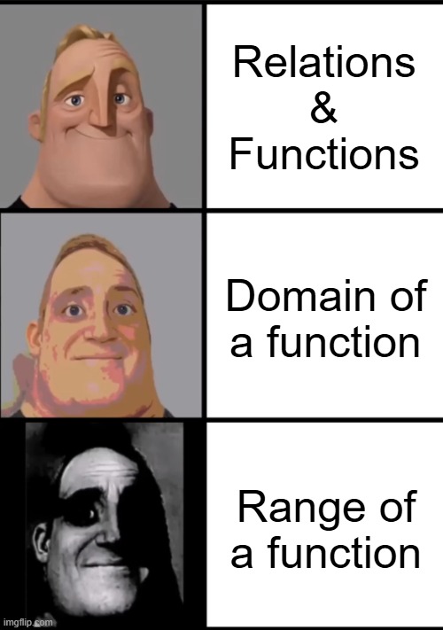 3 Frame Uncanny Mr. Incredible | Relations & Functions; Domain of a function; Range of a function | image tagged in 3 frame uncanny mr incredible | made w/ Imgflip meme maker