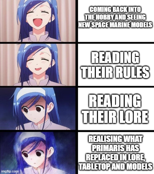anime girl getting sadder | COMING BACK INTO THE HOBBY AND SEEING NEW SPACE MARINE MODELS; READING THEIR RULES; READING THEIR LORE; REALISING WHAT PRIMARIS HAS REPLACED IN LORE, TABLETOP AND MODELS | image tagged in anime girl getting sadder | made w/ Imgflip meme maker