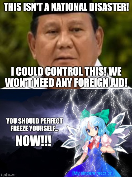THIS ISN'T A NATIONAL DISASTER! I COULD CONTROL THIS! WE WON'T NEED ANY FOREIGN AID! [My sincere reaction] | image tagged in memes,idiot,freeze | made w/ Imgflip meme maker