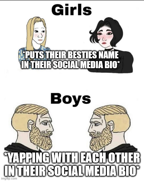 Girls and boys conversation | *PUTS THEIR BESTIES NAME IN THEIR SOCIAL MEDIA BIO*; *YAPPING WITH EACH OTHER IN THEIR SOCIAL MEDIA BIO* | image tagged in girls and boys conversation,memes,funny,boys vs girls,funny memes,social media | made w/ Imgflip meme maker