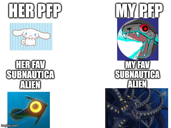 Does this mean anything | HER PFP                  MY PFP; MY FAV SUBNAUTICA ALIEN; HER FAV SUBNAUTICA ALIEN | image tagged in subnautica,aliens,friends | made w/ Imgflip meme maker