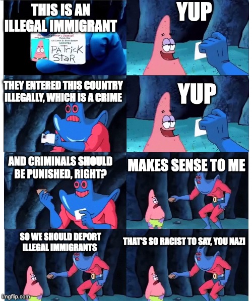 Deport them all | YUP; THIS IS AN ILLEGAL IMMIGRANT; THEY ENTERED THIS COUNTRY ILLEGALLY, WHICH IS A CRIME; YUP; AND CRIMINALS SHOULD BE PUNISHED, RIGHT? MAKES SENSE TO ME; THAT'S SO RACIST TO SAY, YOU NAZI; SO WE SHOULD DEPORT ILLEGAL IMMIGRANTS | image tagged in patrick make sense to me | made w/ Imgflip meme maker