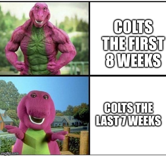 From 7-1 to 8-7 | COLTS THE FIRST 8 WEEKS; COLTS THE LAST 7 WEEKS | image tagged in ripped barney,indianapolis colts | made w/ Imgflip meme maker