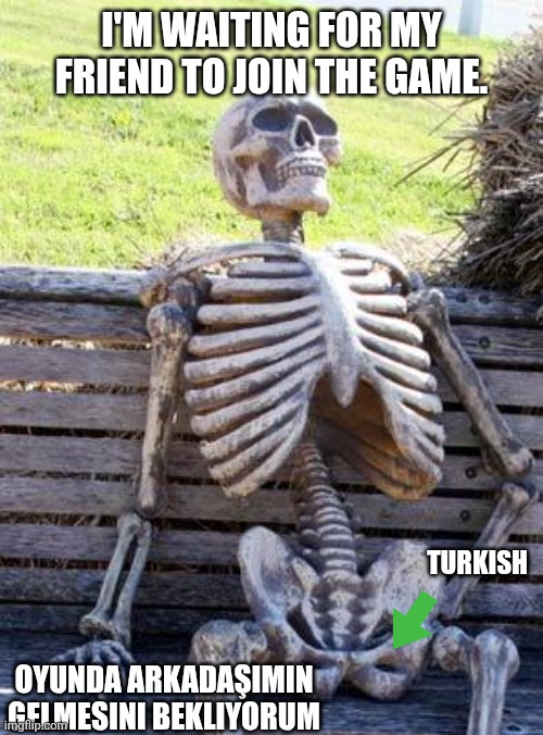 Waiting Skeleton Meme | I'M WAITING FOR MY FRIEND TO JOIN THE GAME. TURKISH; OYUNDA ARKADAŞIMIN GELMESINI BEKLIYORUM | image tagged in memes,waiting skeleton | made w/ Imgflip meme maker