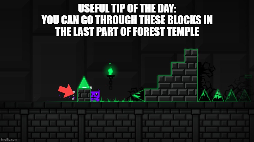 Michigun would never be that mean | USEFUL TIP OF THE DAY:
YOU CAN GO THROUGH THESE BLOCKS IN
THE LAST PART OF FOREST TEMPLE | image tagged in geometry dash | made w/ Imgflip meme maker