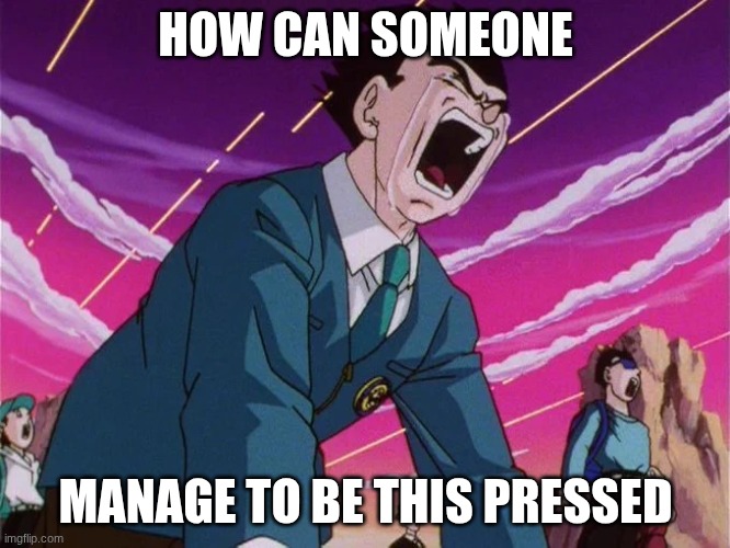 rage bait | HOW CAN SOMEONE; MANAGE TO BE THIS PRESSED | image tagged in gohan cry | made w/ Imgflip meme maker