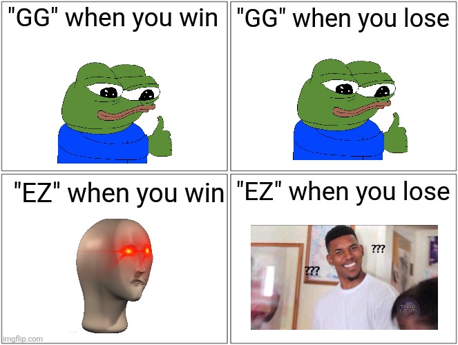 How people will react after game matches | "GG" when you win; "GG" when you lose; "EZ" when you lose; "EZ" when you win | image tagged in memes,blank comic panel 2x2,gaming,win,lose,four horsemen | made w/ Imgflip meme maker
