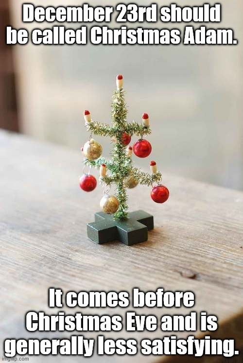 Christmas Adam | December 23rd should be called Christmas Adam. It comes before Christmas Eve and is generally less satisfying. | image tagged in tiny christmas tree,humor,funny,double entendre | made w/ Imgflip meme maker