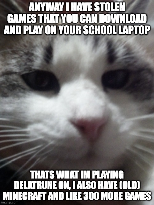 memechat me if you want it | ANYWAY I HAVE STOLEN GAMES THAT YOU CAN DOWNLOAD AND PLAY ON YOUR SCHOOL LAPTOP; THATS WHAT IM PLAYING DELATRUNE ON, I ALSO HAVE (OLD) MINECRAFT AND LIKE 300 MORE GAMES | image tagged in sour hart announcement template | made w/ Imgflip meme maker
