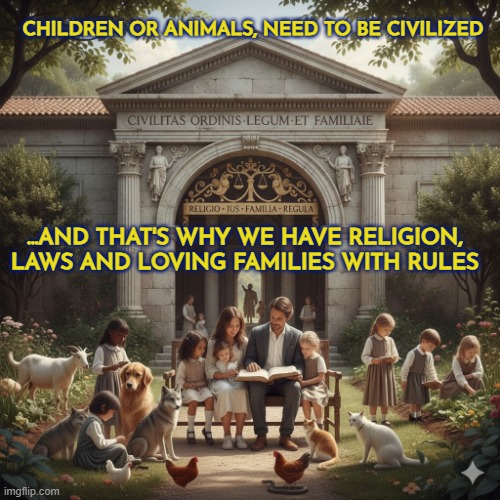 Children and animals need to be civilized... | CHILDREN OR ANIMALS, NEED TO BE CIVILIZED; ...AND THAT'S WHY WE HAVE RELIGION, LAWS AND LOVING FAMILIES WITH RULES | image tagged in children,animals,western civilization,religion,law,family | made w/ Imgflip meme maker