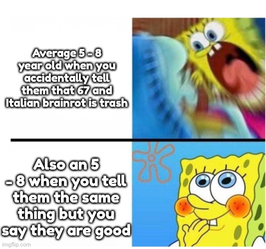 Can we have the great meme reset imgflip people ? | Average 5 - 8 year old when you accidentally tell them that 67 and Italian brainrot is trash; Also an 5 - 8 when you tell them the same thing but you say they are good | image tagged in spongebob angry cute,67,italian brainrot | made w/ Imgflip meme maker