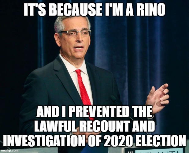 Brad Raffensperger Georgia Secretary of State | IT'S BECAUSE I'M A RINO AND I PREVENTED THE LAWFUL RECOUNT AND INVESTIGATION OF 2020 ELECTION | image tagged in brad raffensperger georgia secretary of state | made w/ Imgflip meme maker