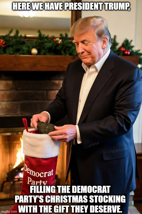 President Trump gilling Democrats Xmas stockings | HERE WE HAVE PRESIDENT TRUMP, FILLING THE DEMOCRAT PARTY'S CHRISTMAS STOCKING WITH THE GIFT THEY DESERVE. | image tagged in christmas,humor,political meme | made w/ Imgflip meme maker
