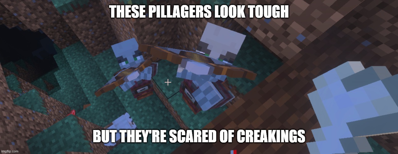 Pillagers | THESE PILLAGERS LOOK TOUGH; BUT THEY'RE SCARED OF CREAKINGS | image tagged in pillagers | made w/ Imgflip meme maker
