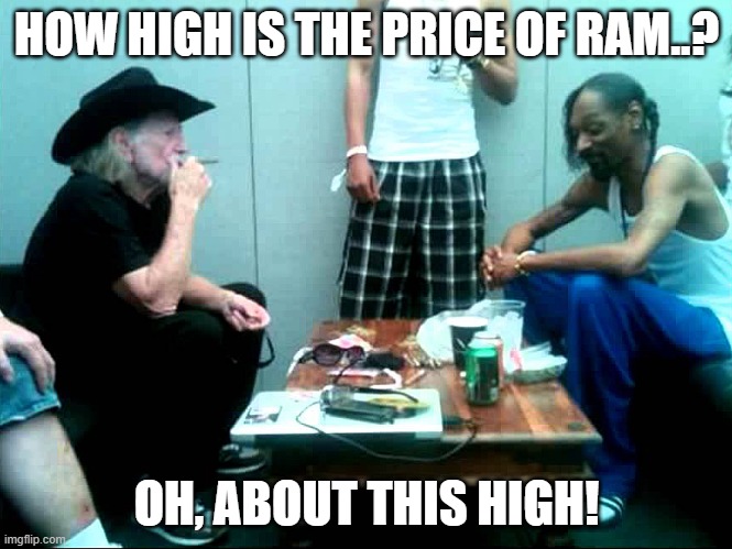 Snoop and Willie | HOW HIGH IS THE PRICE OF RAM..? OH, ABOUT THIS HIGH! | image tagged in snoop and willie | made w/ Imgflip meme maker