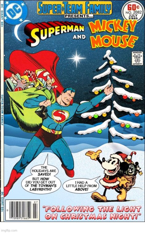 A Christmas mashup of two pop culture icons… | image tagged in comics,superman,mickey mouse,mashup,super team family | made w/ Imgflip meme maker