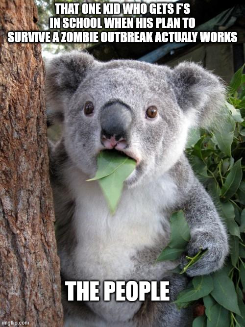 Hold up | THAT ONE KID WHO GETS F'S IN SCHOOL WHEN HIS PLAN TO SURVIVE A ZOMBIE OUTBREAK ACTUALY WORKS; THE PEOPLE | image tagged in memes,surprised koala | made w/ Imgflip meme maker