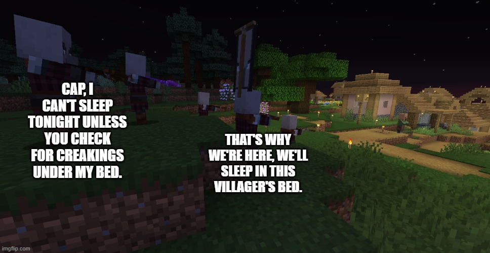 Pillager Patrol | CAP, I CAN'T SLEEP TONIGHT UNLESS YOU CHECK FOR CREAKINGS UNDER MY BED. THAT'S WHY WE'RE HERE, WE'LL SLEEP IN THIS VILLAGER'S BED. | image tagged in pillager patrol | made w/ Imgflip meme maker
