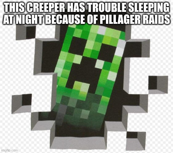 Minecraft Creeper | THIS CREEPER HAS TROUBLE SLEEPING AT NIGHT BECAUSE OF PILLAGER RAIDS | image tagged in minecraft creeper | made w/ Imgflip meme maker