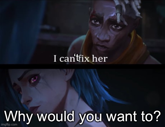 I can fix her | ‘t Why would you want to? | image tagged in i can fix her | made w/ Imgflip meme maker