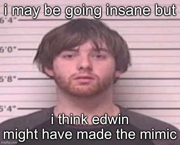LazyMazy mug shot | i may be going insane but; i think edwin might have made the mimic | image tagged in lazymazy mug shot | made w/ Imgflip meme maker