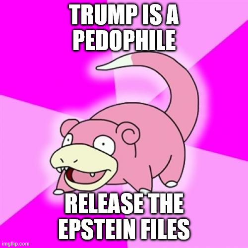 Slowpoke Meme | TRUMP IS A
PEDOPHILE; RELEASE THE EPSTEIN FILES | image tagged in memes,slowpoke | made w/ Imgflip meme maker