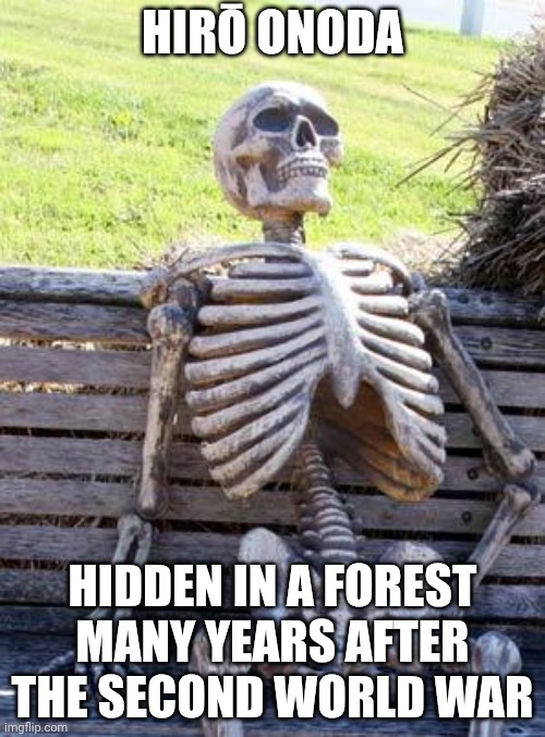 Waiting Skeleton | HIRŌ ONODA; HIDDEN IN A FOREST MANY YEARS AFTER THE SECOND WORLD WAR | image tagged in memes,waiting skeleton | made w/ Imgflip meme maker