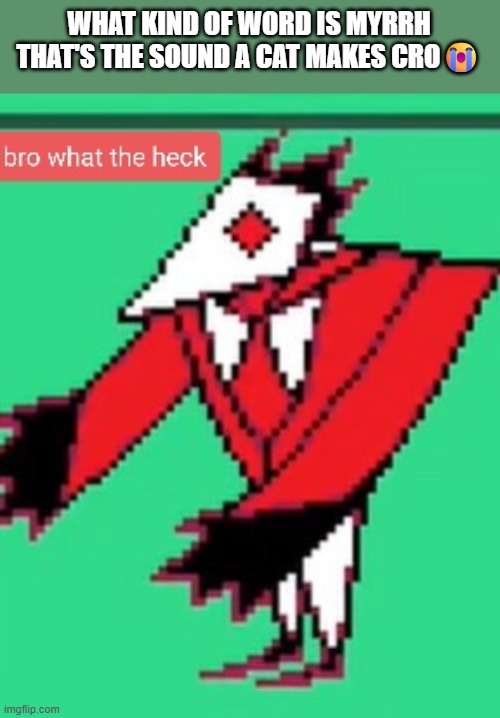 was playing wordle unlimited (also what creature is consuming the stream mood) | WHAT KIND OF WORD IS MYRRH THAT'S THE SOUND A CAT MAKES CRO😭 | image tagged in swatchling bro what the heck | made w/ Imgflip meme maker