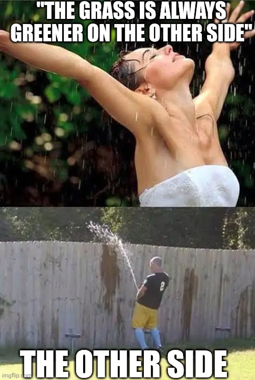 Quotes now days ? | "THE GRASS IS ALWAYS GREENER ON THE OTHER SIDE"; THE OTHER SIDE | image tagged in quotes,famous quotes,grass is greener | made w/ Imgflip meme maker