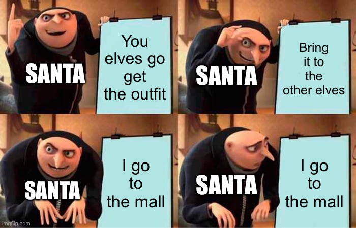 You elves go get the outfit Bring it to the other elves I go to the mall I go to the mall SANTA SANTA SANTA SANTA | image tagged in memes,gru's plan | made w/ Imgflip meme maker
