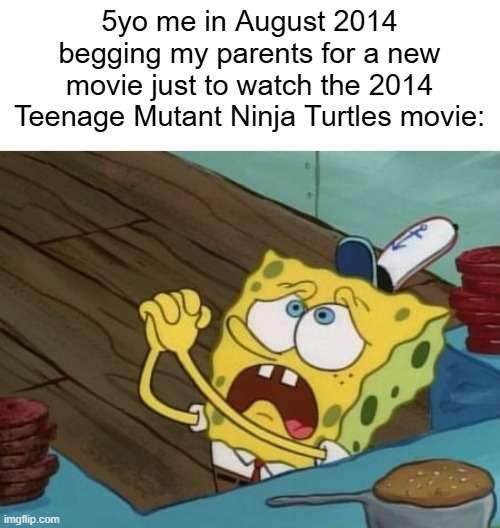 I let my parents watch the 2014 Teenage Mutant Ninja Turtles movie | 5yo me in August 2014 begging my parents for a new movie just to watch the 2014 Teenage Mutant Ninja Turtles movie: | image tagged in begging,memes,funny,2014,tmnt,teenage mutant ninja turtles | made w/ Imgflip meme maker