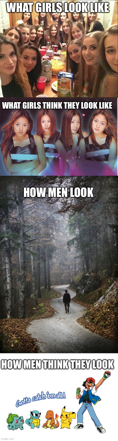Not long meme I promise | WHAT GIRLS LOOK LIKE; WHAT GIRLS THINK THEY LOOK LIKE; HOW MEN LOOK; HOW MEN THINK THEY LOOK | image tagged in interested girl group,glam fin k l,man walking alone in woods,gotta catch em all | made w/ Imgflip meme maker