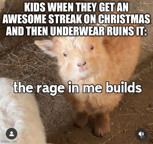 Very first image of this meme template | KIDS WHEN THEY GET AN AWESOME STREAK ON CHRISTMAS AND THEN UNDERWEAR RUINS IT: | image tagged in the rage in me builds | made w/ Imgflip meme maker